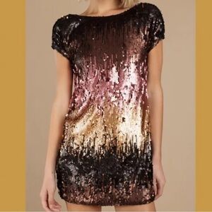 Tobi Dress Shine Me Up Sequin Shift Mini Boat Neck Short Sleeve Plunge Open Back